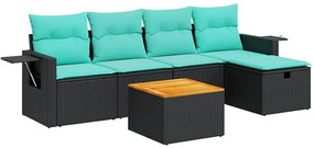 3325809 vidaXL Градински диван с възглавници, 6 части, черен, полиратан