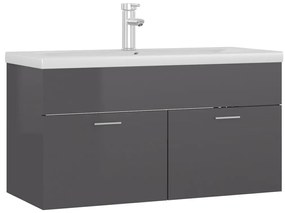 3071296 vidaXL Шкаф за баня с вградена мивка, сив гланц, инженерно дърво