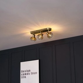 Кръгла таванна лампа златна с кехлибарено стъкло 3-светлинна - Теди