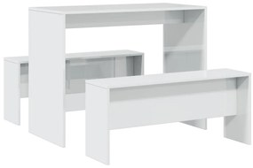 855534 vidaXL Трапезна маса и пейки, 3 части, бял гланц, инженерно дърво