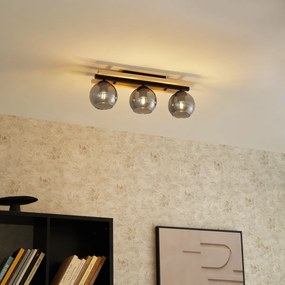 Модерна таванна лампа черна с дърво и димно стъкло 3-лампи - Aleks