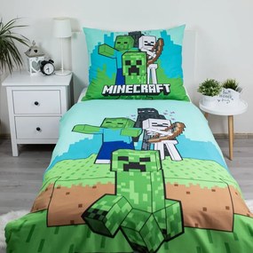 Зелено-синьо единично памучно детско спално бельо 140x200 cm Minecraft "Mobs Here" – Jerry Fabrics