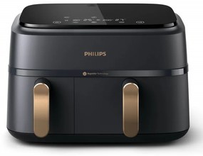 Двоен фритюрник с горещ въздух Philips NA352/00, 2750 W, 6+3 л, 80-200C, 1.5 кг, 8 програми, Сензорен дисплей, Копиране и синхронизиране, Черен