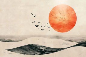 Картина на платно – Japandi пейзаж с оранжева луна