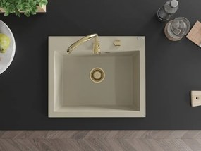 Mexen Elix гранитна мивка с 1 отделение 600 x 500 mm, бежова, златен сифон - 6525601005-69-G