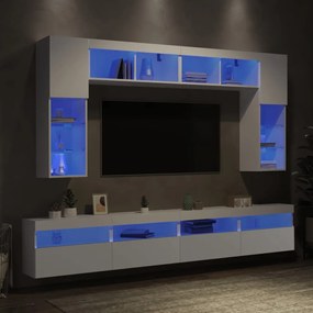 3216764 vidaXL Комплект ТВ стенни шкафове, 8 части, с LED светлини, бели
