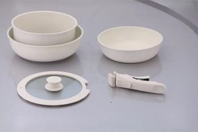 Комплект тенджера и тигани Goldmann GM-1005, 5 части, Универсална дръжка, Индукция, Мраморно покритие, Бежов