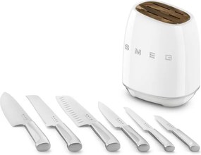 Комплект ножове със стойка SMEG KBSF02WH, 7 части, Слотове от акациево дърво, Немска неръждаема стомана, Бял