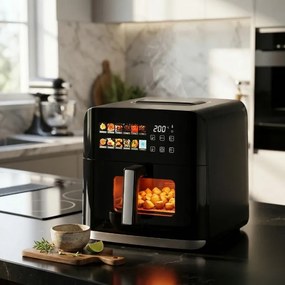 Фритюрник с горещ въздух Oliver Voltz OV51980CF, 1800W, 8 л, 80-200°C, 12 програми, Таймер, Горен и долен нагревател, Прозорец, LED, Черен