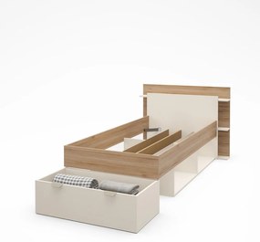 Бяло-естествено единично легло 90x200 cm от декор от дъб с място за съхранение без ламелно дъно Albo – Marckeric