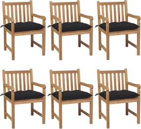3073053 vidaXL Градински столове 6 бр с черни възглавници тиково дърво масив