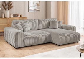 Светлосив разтегателен ъглов диван от рипсено кадифе с място за съхранение (десен ъгъл) Sarina – Ropez