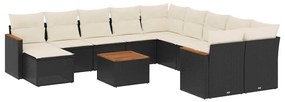 3226574 vidaXL Градински диван с възглавници, 12 части, черен, полиратан