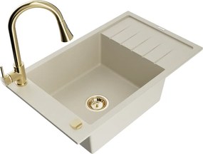 Mexen Elias гранитна мивка, 1-камерна с отцедник и кухненски смесител Elia, бежова - 6511-69-670101-50
