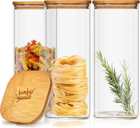 Klarstein Квадратен буркан за съхранение на храна с бамбуков капак, херметичен, със силиконово уплътнение, 10 × 20,5 × 10 см, 3 × 1500 мл