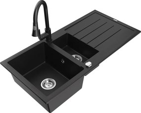 Mexen Andres гранитна мивка 1,5-камерна с отцедник и кухненски смесител Elia, черен - 6515-77-670101-70