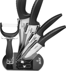 Комплект ножове с поставка ZILNER ZL 5124, 6 части, Белачка, Керамично покритие, Черен