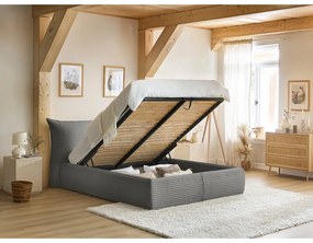 Сиво двойно тапицирано легло с място за съхранение с включена подматрачна рамка 180x200 cm Jade – Bobochic Paris