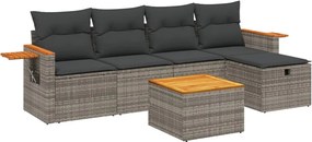 3265512 vidaXL Градински диван с възглавници, 6 части, полиратан, сив