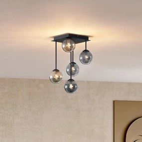 Модерен таванен полилей черен с кехлибар и опушено стъкло 5-светлинен - Атина