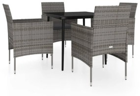 3099312 vidaXL Градински трапезен комплект с възглавници 5 части, сиво и черно
