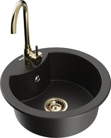 Mexen Diego гранитна мивка с 1 отделение и кухненски смесител Telma, черен/златен - 6512-75-670200-50