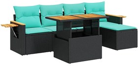3327585 vidaXL Градински диван с възглавници, 6 части, черен полиратан, акация