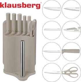 Комплект ножове Klausberg KB 7978, 8 части, Неръждаема стомана, Стойка, Държач за кухненска хартия, Бежов
