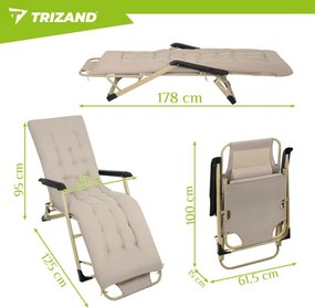 Сгъваем градински, плажен шезлонг с възглавница и облегалка за глава - златиста конструкция