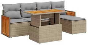 3327699 vidaXL Градински диван с възглавници, 6 части, бежов полиратан, акация