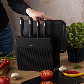 Комплект ножове и дъски за рязане Klausberg KB 7980, 8 части, Неръждаема стомана, Стойка, Черен/инокс