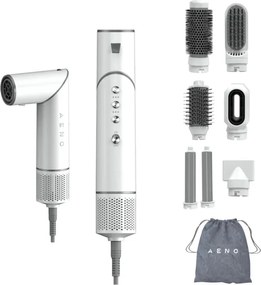 Уред за сушене и стилизиране на коса AENO HS1 AHS0001, 1200W, 4 скорости, 4 нива, 7 приставки, Йонизиране, Бял