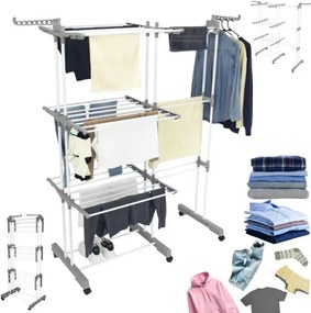 Сушилник за дрехи Kinghoff KH 2044, 30 м, До 30 кг, 3 нива, Колелца, Стомана, Бял/сив