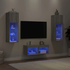3216581 vidaXL ТВ стенни шкафове, 4 части, с LED светлини, сив сонома