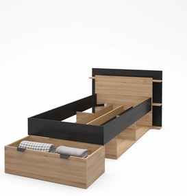 Черно-естествено единично легло 90x200 cm от декор от дъб с място за съхранение без ламелно дъно Albo – Marckeric