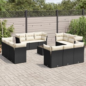 3249175 vidaXL Градински диван с възглавници, 13 части, черен, полиратан