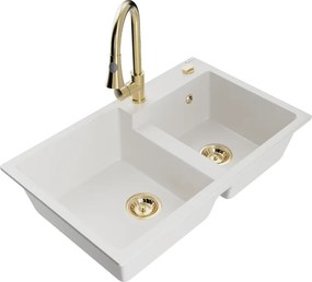 Mexen Tomas гранитна мивка с 2 камери с кухненски смесител Elia, бял - 6516-20-670101-50