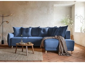 Тъмносин ъглов разтегателен диван от велур (десен ъгъл) Lazy Lukka - Miuform