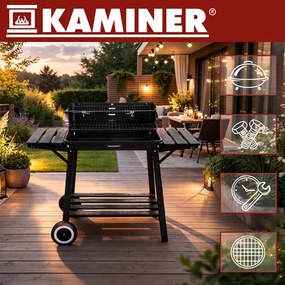 Градинска скара на дървени въглища с шиш, горна решетка и рафтове