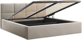 Кафяво-сиво кадифено двойно легло 140x200 cm тапицирано с място за съхранение и включена подматрачна рамка Hiko – Makamii