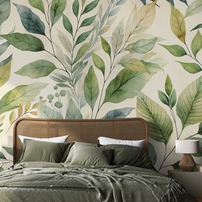 Тапет – Зелени акварелни листа на бежов фон