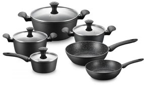Комплект тенджери и тигани Royalty Line FD10, 10 части, Лят алуминий, Greblon мраморно покритие, Индукция, Черен