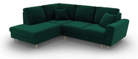 Зелен кадифен разтегателен ъглов диван с място за съхранение (ляв ъгъл/L форма) Kyoto – Cosmopolitan Design