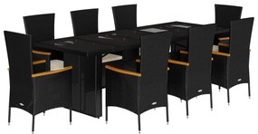 3277531 vidaXL Градински трапезен комплект възглавници 9 части черен полиратан