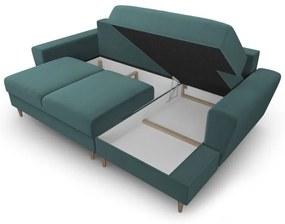 Кадифен разтегателен ъглов диван с място за съхранение в петролен цвят (десен ъгъл) Kyoto – Cosmopolitan Design