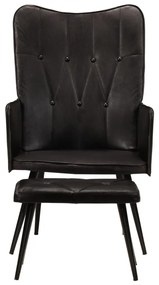 339666 vidaXL Wingback стол с табуретка, черен, естествена кожа