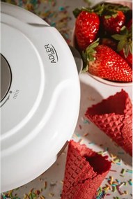 Разопакован: Уред за вафлени фунийки Adler AD 3038, 1500W, Незалепващо покритие, Плоча: 18 см, Бял