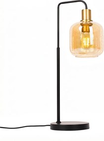 Дизайнерска настолна лампа черна с месинг и кехлибарено стъкло - Zuzanna