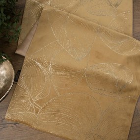 Кадифена централна покривка с лъскава щампа на листа в цвят на мед Широчина: 35 см | Дължина: 220 см