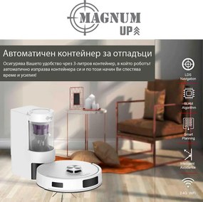 Прахосмукачка робот MAGNUM UP, 45W, 20000Pa, 180 мин, 230 мл, Прозрачен автоматичен контейнер, SMART сензори, Мокро/сухо, Бял